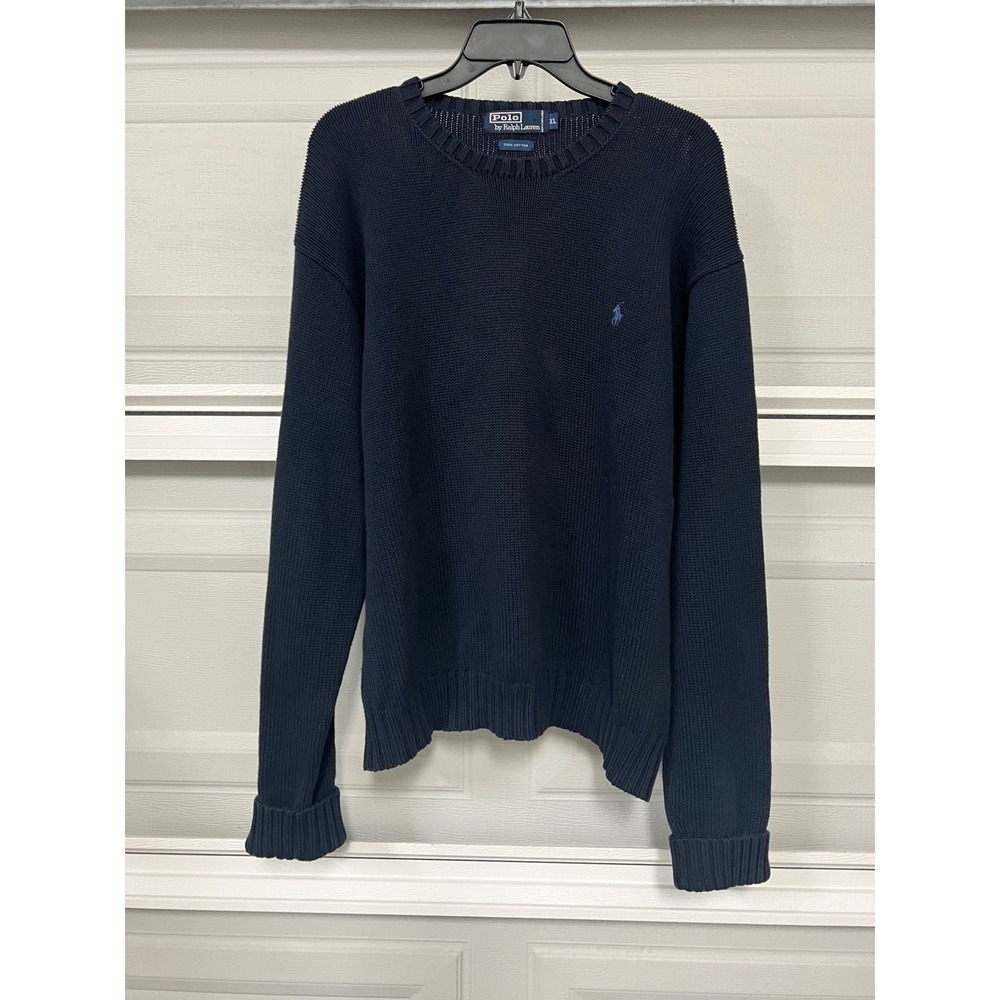 Vintage Polo Ralph Lauren Mens XL Navy Blue Cotton Knit Crewneck Sweater Pony